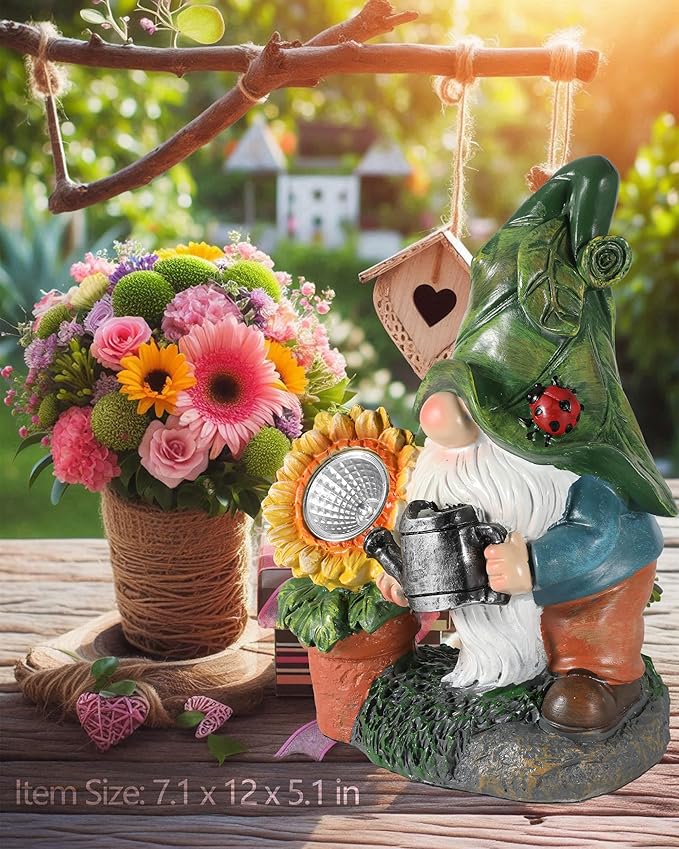Solar-Powered Garden Gnome Watering Can Sunflower - 12 in Garden Decor Gnomes Decorations for Yard Lawn Ornaments Outside Statue Figurine LED Lights (Gnome)