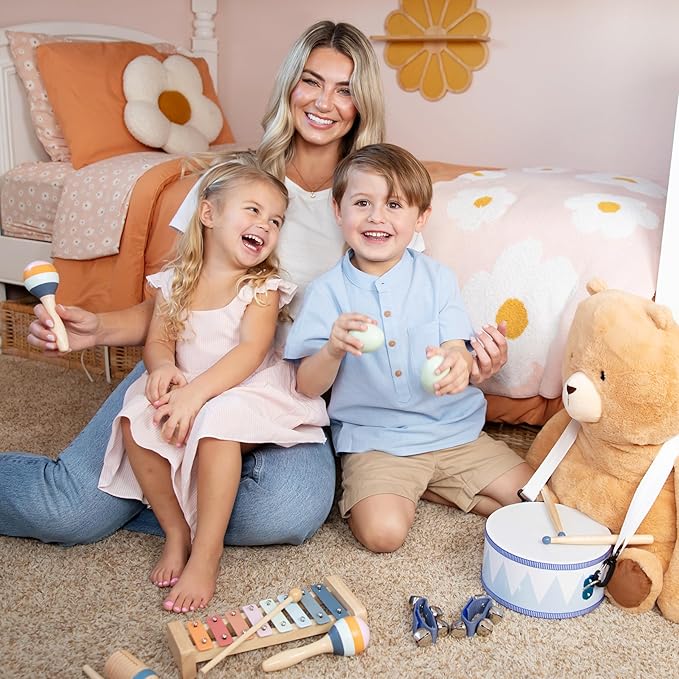 Baby Wooden Musical Instruments Set -7 PCS Montessori Percussion Toys for Toddlers & Kids - Safe Natural Wood Waldorf Toys for Hand-Eye Coordination, Sensory Play & Screen-Free Family Fun