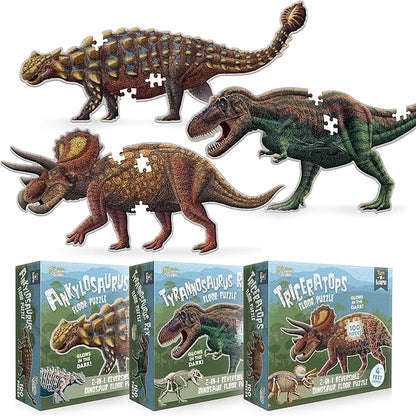 Tyrannosaurus Rex, Triceratops and Ankylosaurus Dinosaur Puzzle Bundle | 100-Piece Each with Glow-in-The-Dark Skeleton On Other Side | 4 FT Scientifically Accurate Dino Illustration