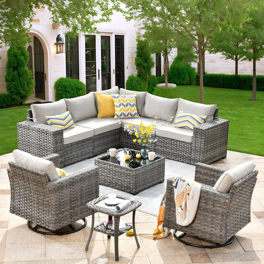 ovios 9 Pieces Patio Furniture Set, Outdoor Wicker Sectional Sofa with 2 Swivel Chairs Coffee Table, Modern Modular Deep Seat Rattan Couch Conversation Sets, Beige