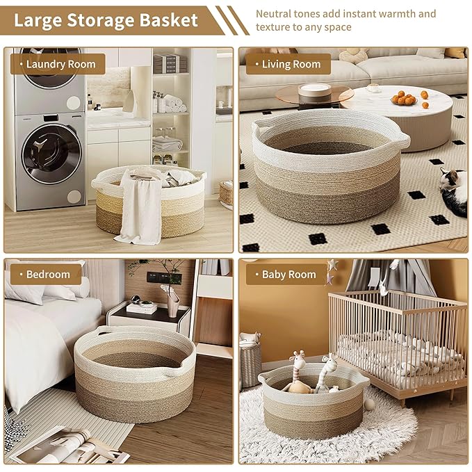 125L Extra Large Blanket Basket, 25" x 16", Jumbo Laundry Woven Basket Decorative Home, Cotton Rope Basket with Handles, Baby Toy Basket for Storage, Gradual Brown, 2PC