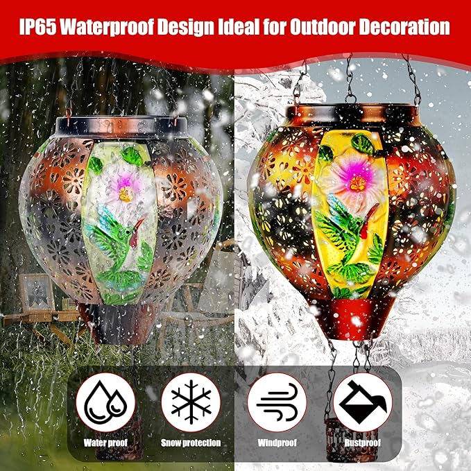 2 Pcs Hummingbird Solar Hot Air Balloon Lantern with Flame, Hot Air Balloon Decorations for Yard Porch Decor, Glass Large Hanging Outdoor Decor, Solar Lantern Waterproof, Hummingbird Gardening Gifts