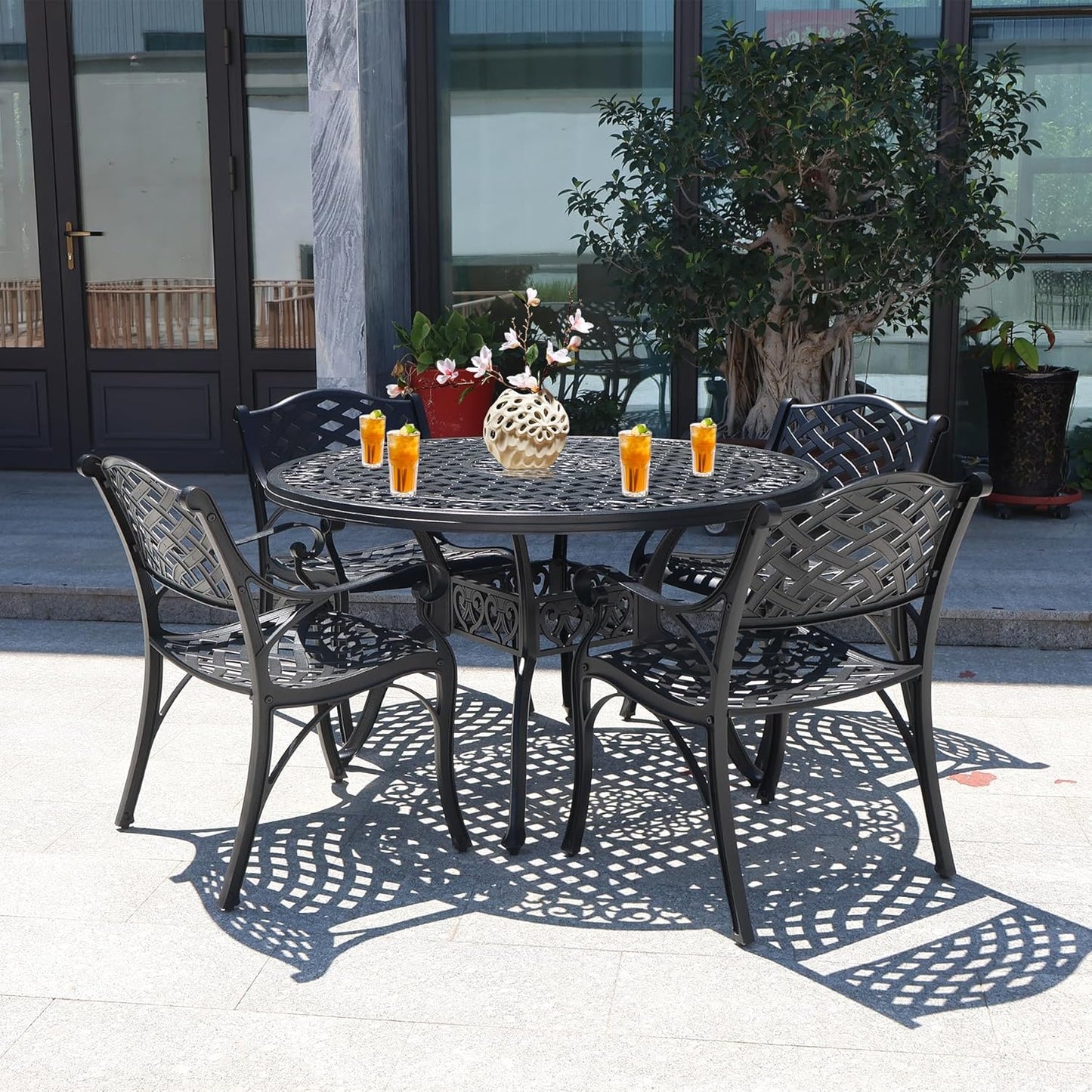 7 Pieces Cast Aluminium Patio Dining Set for 6 Person,Round 48" Patio Table and 6 Chair with 2.3" Umbrella Hole,Outdoor Patio Dining Set for Porch Backyard Deck, Black