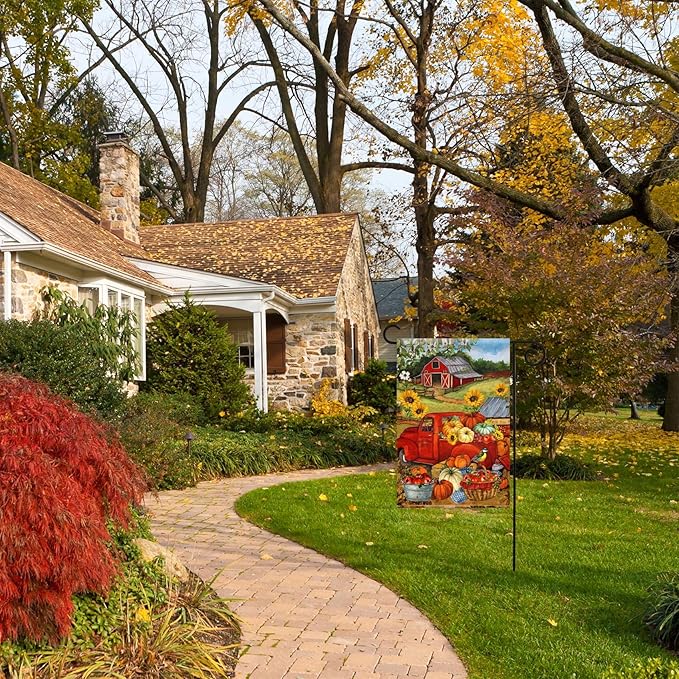 Morigins Autumn Harvest Farm Truck Fall Pumpkin Garden Decorations Double Sided FarmHouse Outdoor Garden Flag 12.5 x 18 Inch