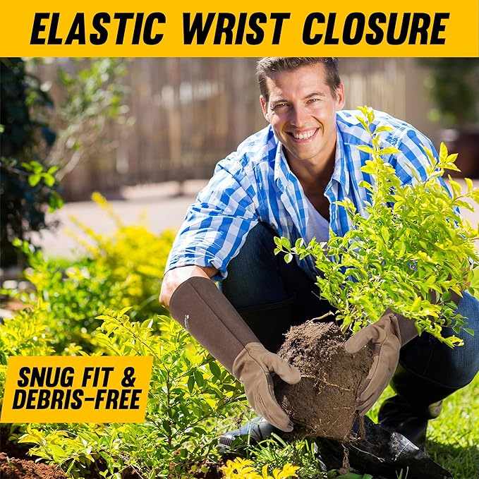 HANDLANDY Long Gardening Gloves for Men & Women, Cowhide Leather Rose Pruning Gloves- Breathable & Durable Gauntlet Glove (Large, Brown)