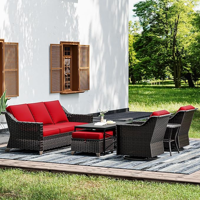 Joyside Wicker Patio Furniture Sets, 7 Pieces Upgraded Large Size Outdoor Furniture with Swivel Rocking Patio Chairs, 3-Seat Sofa, Outdoor Ottoman and Coffee Table, Thick Cushions, Wide Armrest