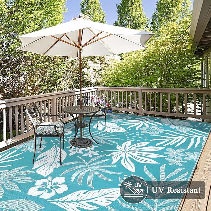 Pauwer Waterproof Outdoor Rug 9x12, Reversible Plastic Straw Patio Camping Rug, Indoor Outdoor RV Mat Carpet for Deck, Camper, Porch, Balcony, Backyard, Picnic, Floral Teal