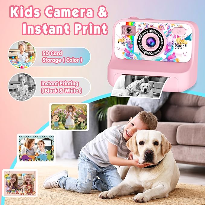 Kids Camera, Upgrade Kids Camera Instant Print, Front Rear Dual Selfie Digital CAM with 1080P Videos, Portable Travel Toy with Games and Music, Christmas Birthday Gift for Boys, Girls and Teens