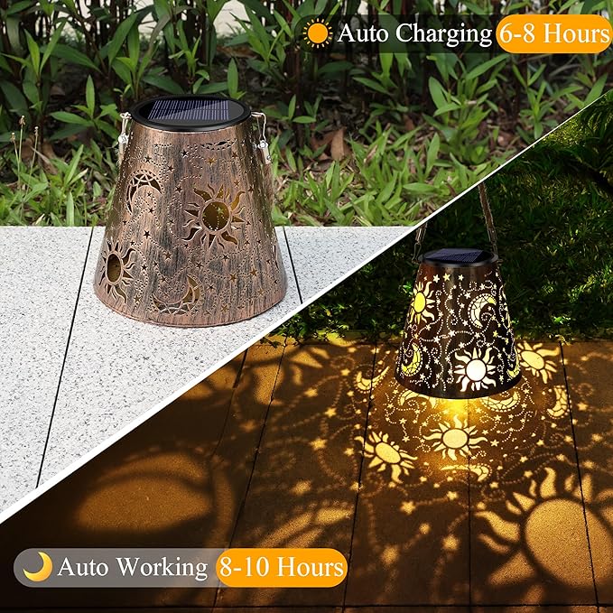 Toodour Solar Lantern Outdoor, Upgrade Hanging Solar Lights Garden Decor, Waterproof Hollow Out Retro Metal Sun & Moon Decorative Lights for Patio, Balcony, Yard, Walkway