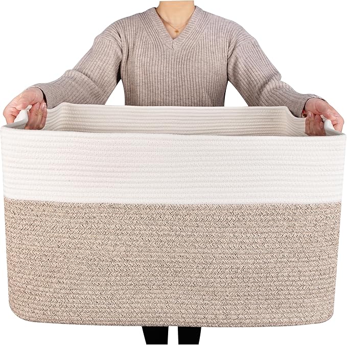 MINTWOOD Design 22in Extra Large Blanket Basket Holder Living Room, Rectangle Rope Woven Storage Basket with Handles for Laundry, Pool Towels, and Shoes, Dog Toy Organizer Bin Box, Light Brown