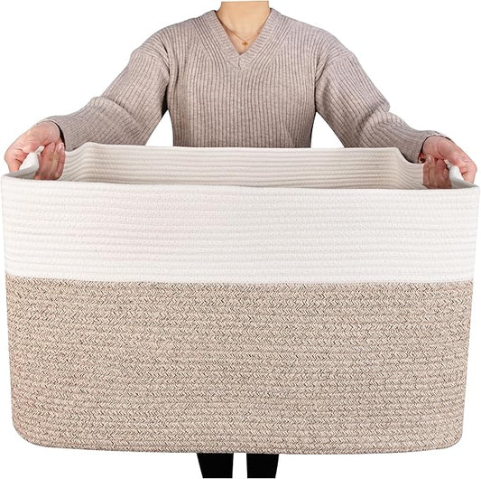 MINTWOOD Design 22in Extra Large Blanket Basket Holder Living Room, Rectangle Rope Woven Storage Basket with Handles for Laundry, Pool Towels, and Shoes, Dog Toy Organizer Bin Box, Light Brown