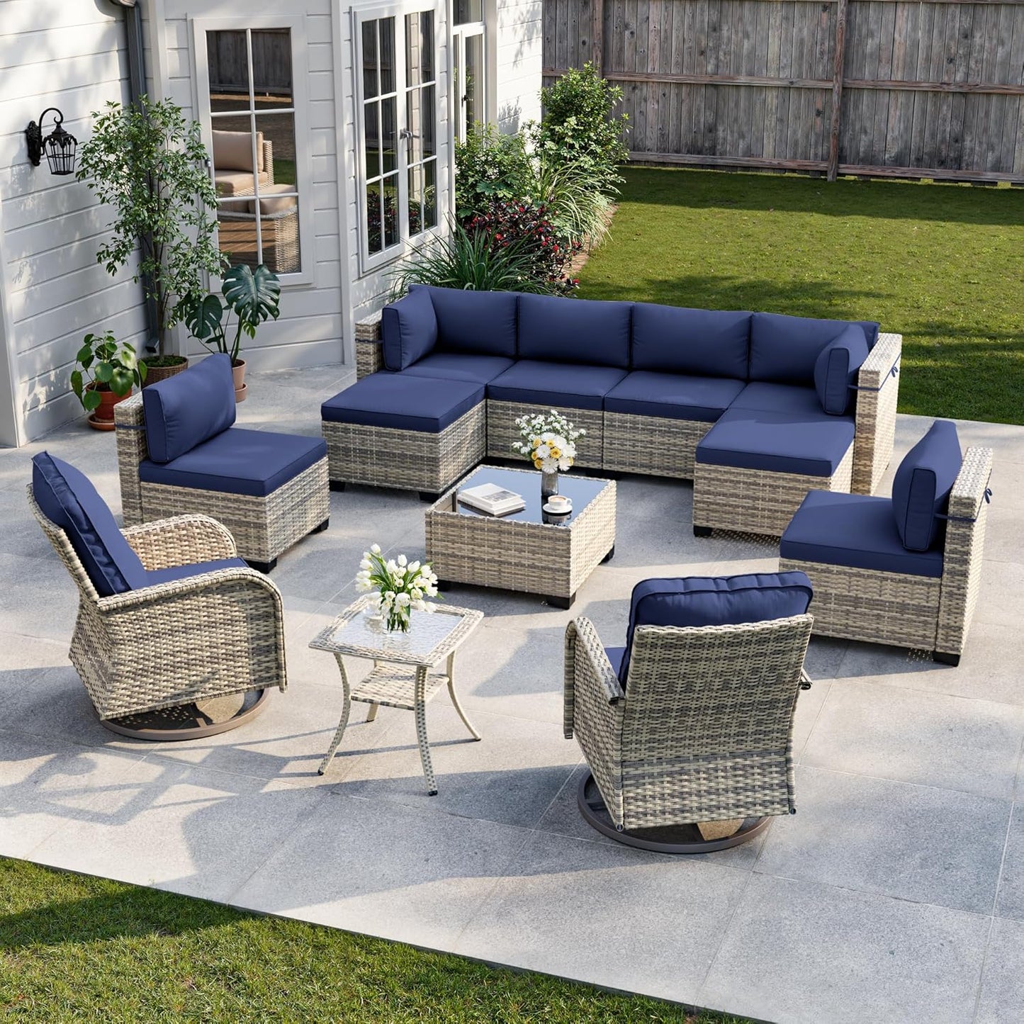 12-Piece Patio Furniture Set, Outdoor Patio Furniture with Swivel Chairs Set, Ottomans, Modular Patio Sofa, Dual-Strand Wicker Rattan, Rust-Resistant Frame, Navy Blue