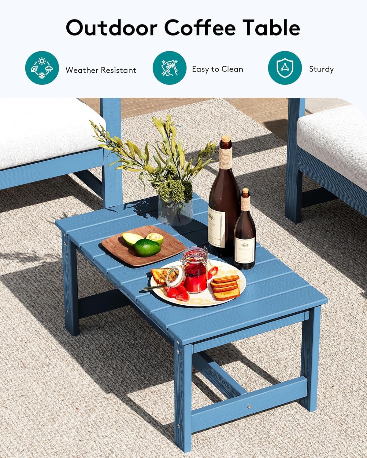 SERWALL 3 Pieces HDPE Outdoor Sofa Bistro Set with Cushion, Patio Outdoor Furniture Sofa Sets with Porch Chairs and Coffee Table, Blue Frame/Khaki Cushion