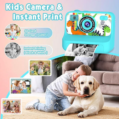 Kids Camera, Upgrade Kids Camera Instant Print, Front Rear Dual Selfie Digital CAM with 1080P Videos, Portable Travel Toy with Games and Music, Christmas Birthday Gift for Boys, Girls and Teens