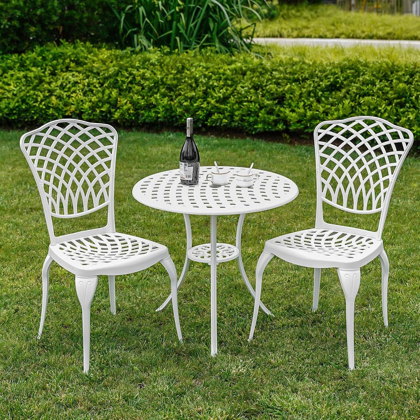 Bistro Set 3 Piece Outdoor Patio Bistro Set with Umbrella Hole, Rust Resistant White Bistro Table and Chairs Set of 2 Cast Aluminum Furniture for Porch Garden White