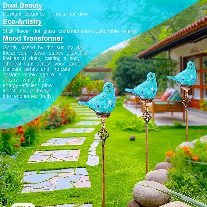 Decorative Solar Lights, Outdoor Solar Bird Stake Lights, Hand Blown Glass Decorative Garden Pathway Lights Outdoor Waterproof Glass Stakes (Light Blue)