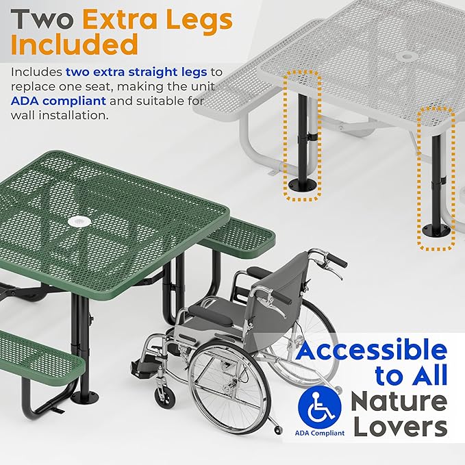 Metal Picnic Tables for Outdoors with Umbrella Hole - Coated Steel Heavy Duty Commercial Grade Table with Adjustable Seats (Green, 46 in, Square, Expanded Steel)