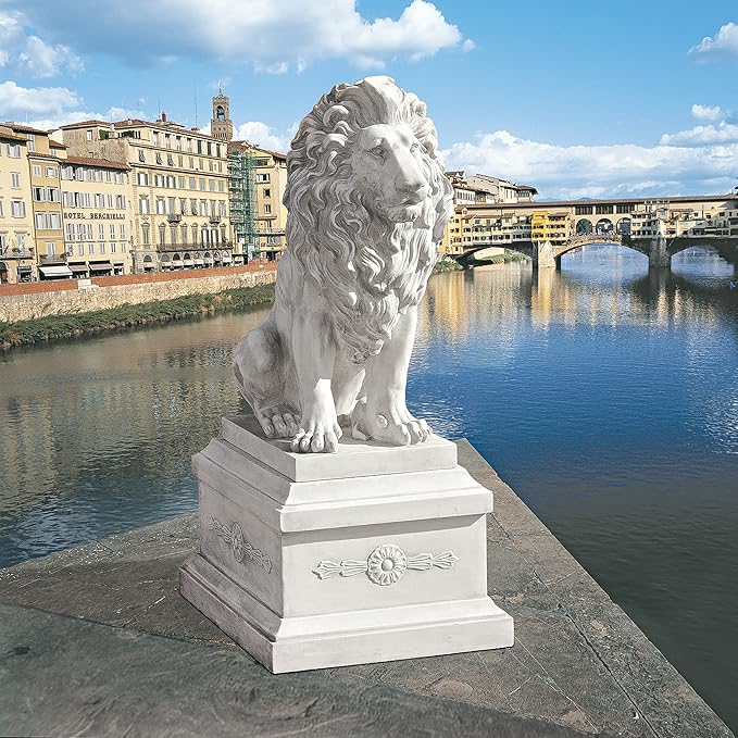 Design Toscano Lion of Florence Sentinel Statue (13 Inches Wide, 21 Inches Deep, 28 Inches High) and Classic Statuary Garden Plinth Base Riser, Large (15 Inches Wide,14 Inches Deep,15 Inches High)