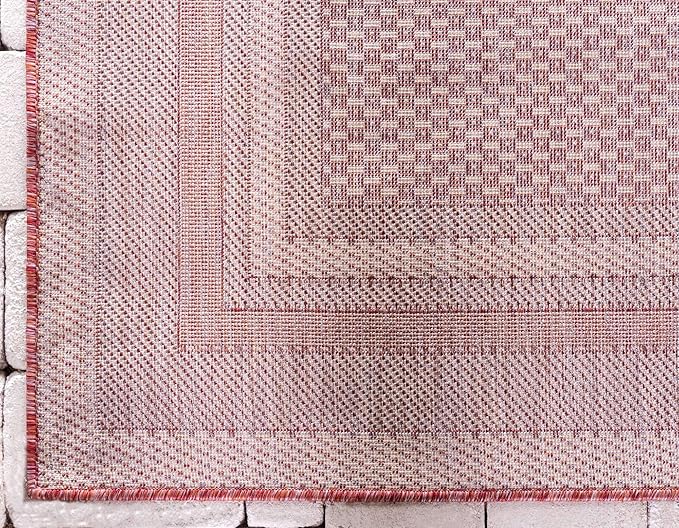 Unique Loom Outdoor Border Collection Area Rug - Soft Border (9'x 12' Rectangle, Rust Red/ Ivory)