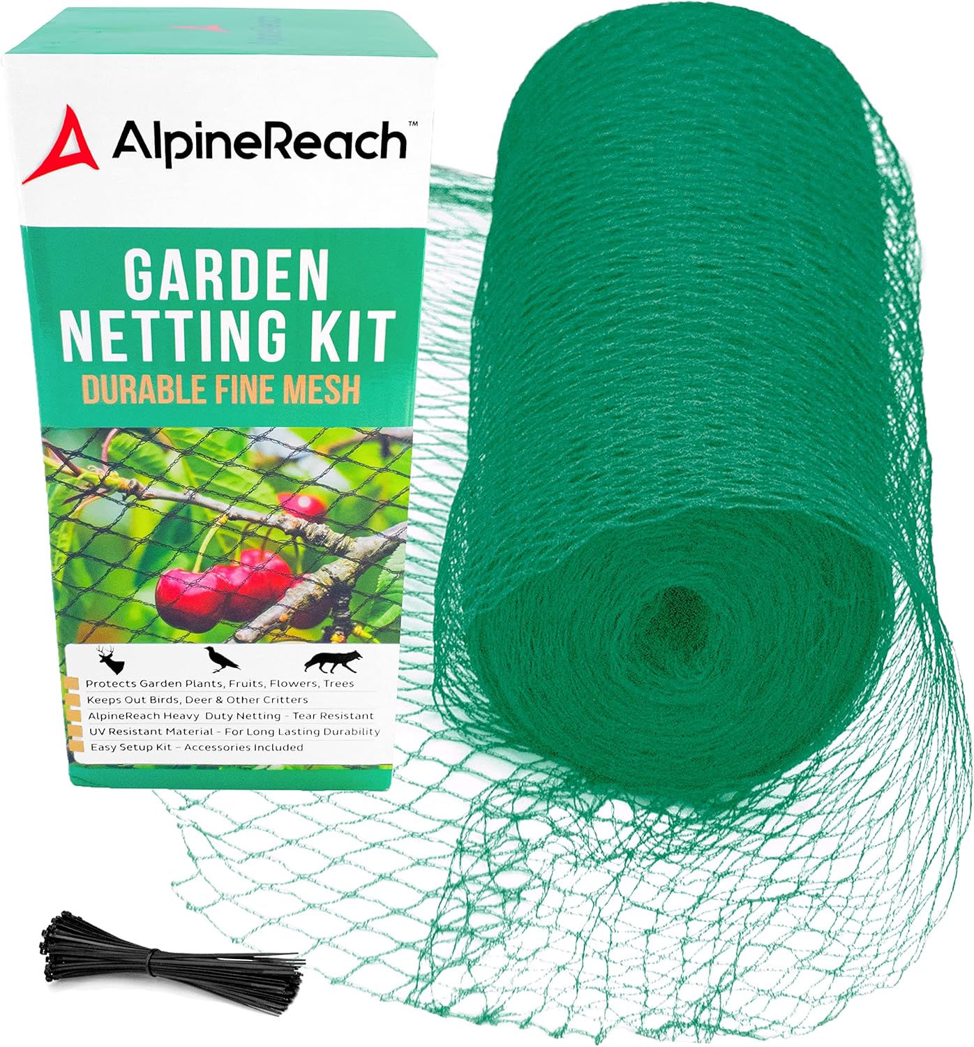 AlpineReach Garden Netting 15 x 30 ft Heavy Duty Bird Net, Deer, Plant Protection Extra Strong Woven Mesh, Reusable Kit with Zip Ties, Animal Fencing for Fruits Trees, Green
