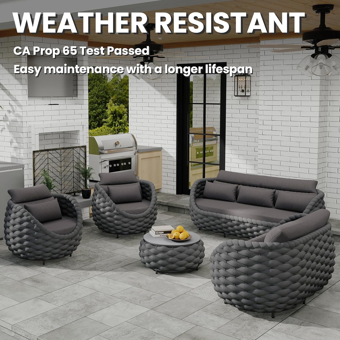 Lanai Outdoor Furniture Set: 6-Piece Aluminum Woven Rope Patio Conversation Set - Modern Cushions Sofa Set Assembled - Porch Seating Couch Set for Deck Yard Garden Pool Hotel Resort, Dark Grey