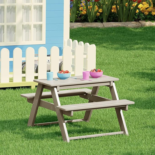 Costaelm Kids Picnic Table, HDPE All Weather Outdoor Toddler Picnic Table and Chair Set Kids Bench for Patio, Backyard, Garden, Lawn, Sand