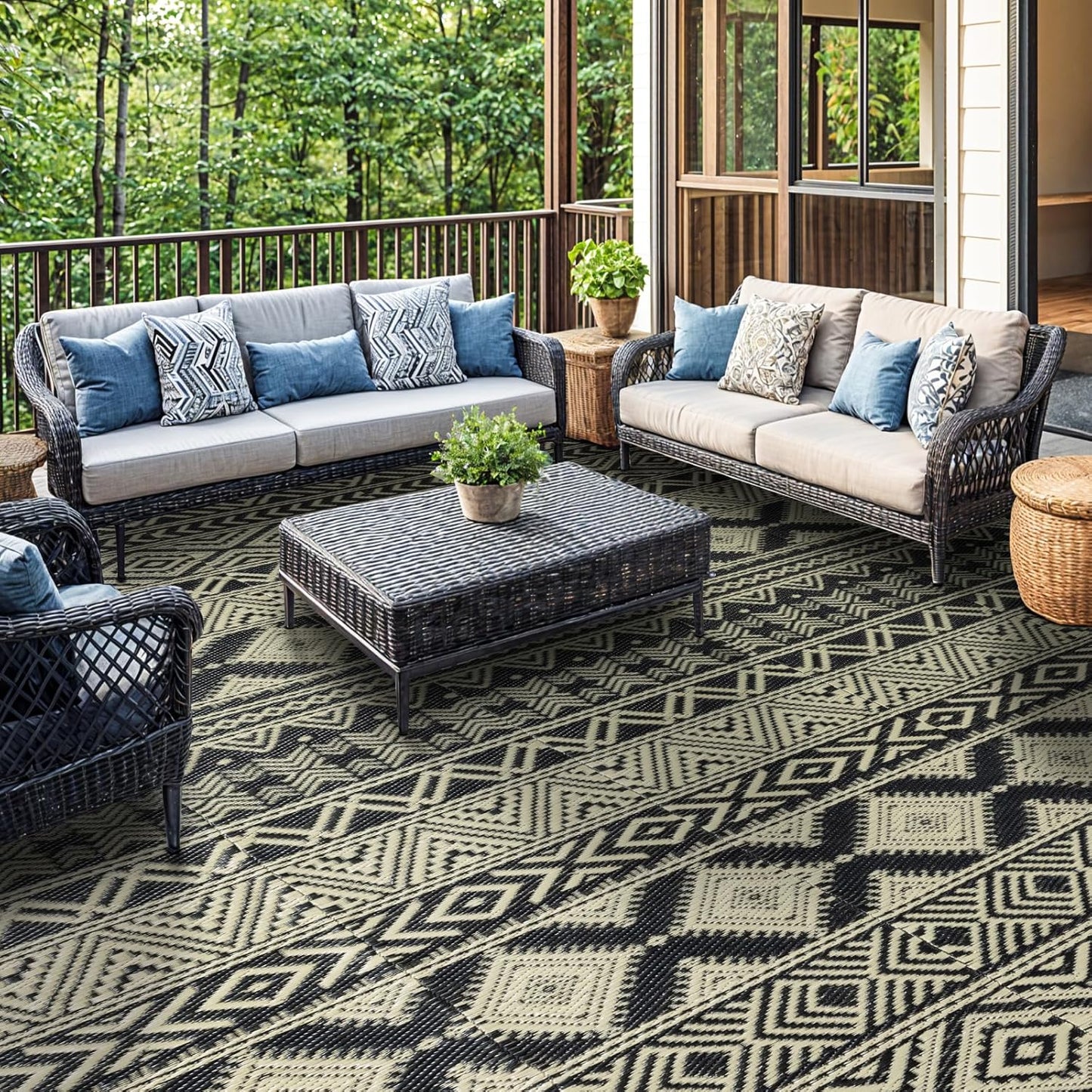 9'x12' Reversible Outdoor Rug - Eco-Friendly Plastic Straw Rug-Heavy-Duty Waterproof Mat, UV & Fade Resistant for Patio, Camping, RV, Deck, Balcony(9x12,Black&Beige)