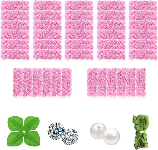 500 Pcs 0.6 Inch Mini Artificial Flowers Head Bulk 5 in 1 Set Faux Foam Fake Small Rose Tiny Baby Flores Bouquet Wreath Gift Hair Clip Home Decoration DIY Craft (Pink)