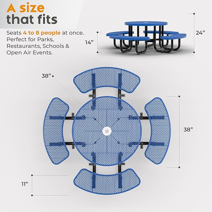 Metal Picnic Tables for Kids for Outdoors with Umbrella Hole - Coated Steel Heavy Duty Commercial Grade Table with Adjustable Seats (Blue, 38 in, Kids, Expanded Steel)