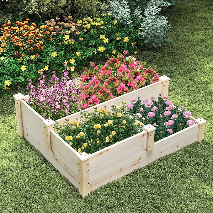 HAPPYGRILL 3-Tier Raised Garden Bed, Wood Elevated Planter Box w/Open-Ended Base, 3 Planting Depths& 2 Arrangement Options for Yard Lawn, Outdoor Planter Raised Beds for Vegetables Herbs Fruits