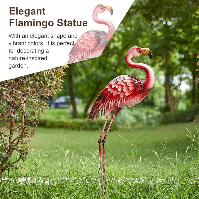 Glitzhome Metal Standing Flamingo Garden Statue with Stakes Outdoor Decorative Sign, 36.25" H