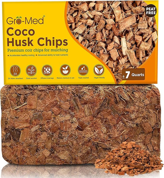 Gro-Med Coco Husk Chips Brick 1.1lb Expands Upto 7 Quarts Coconut Coir Chip, Best Mulching Medium for Plants Gardening, Potting Soil Mix, Orchid Bark Alternative - OMRI Certified, Low EC, Balanced pH