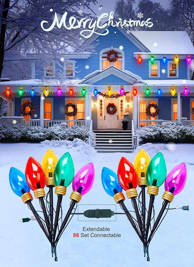 2 Pack Super Jumbo Christmas String Lights or Pathway Marker Lights, Outdoor Xmas Decorations- 11Ft 5 LED Jumbo C9 Hanging Lights Waterproof Lawn Dec for Holiday Home Tree Roof Yard Garden, Multicolor