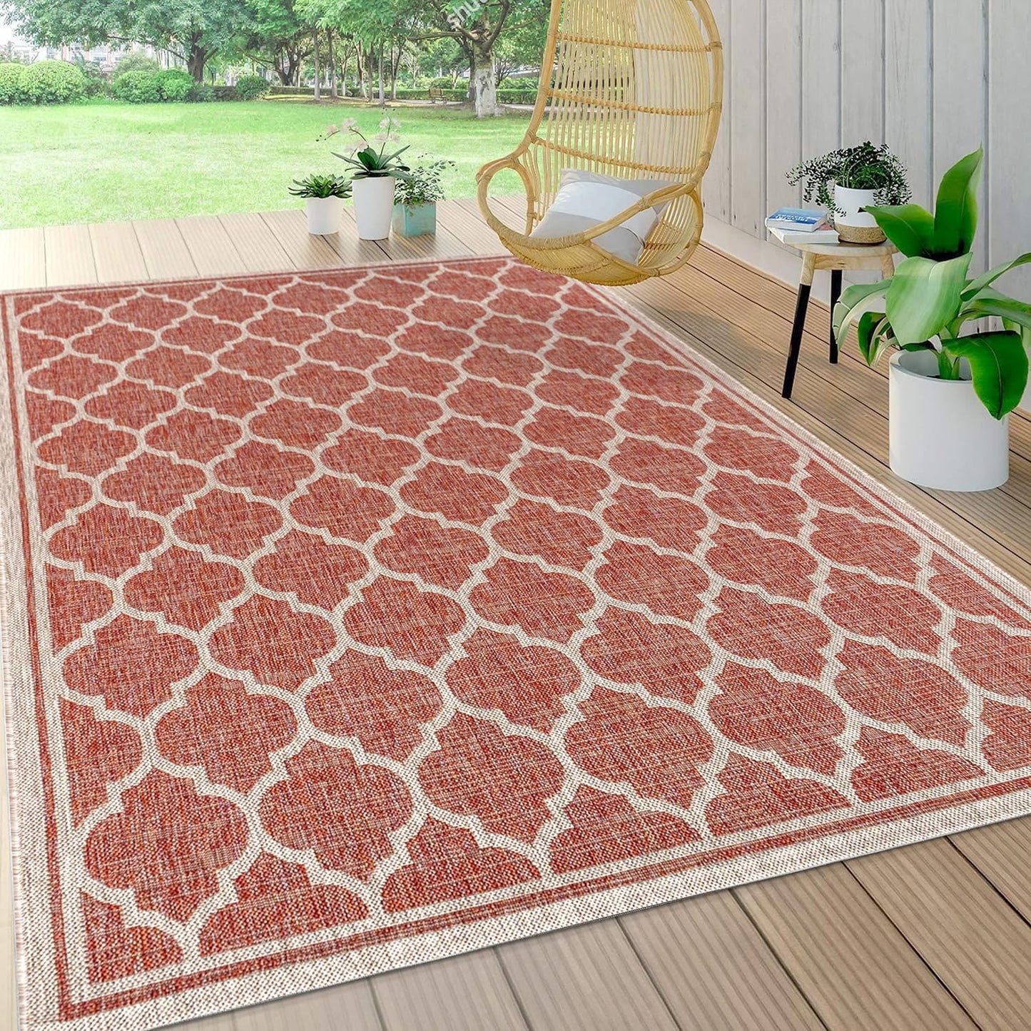 Eyely BMS109C-3 Santa Monica Trebol Moroccan Trellis Textured Weave Indoor/Outdoor Area Rug Coastal;Bohemian, Bedroom, Backyard, Patio, Easy-Cleaning, Non-Shedding, 3 X 5, Red/Beige
