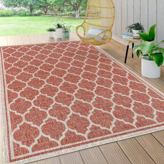 Eyely BMS109C-3 Santa Monica Trebol Moroccan Trellis Textured Weave Indoor/Outdoor Area Rug Coastal;Bohemian, Bedroom, Backyard, Patio, Easy-Cleaning, Non-Shedding, 3 X 5, Red/Beige