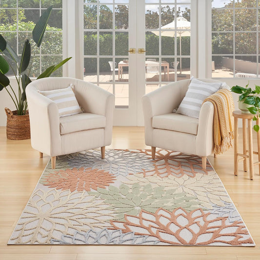 Nourison Home Aloha Indoor-Outdoor Ivory Multicolor 5'3" x 7'5" Area Rug, Easy Cleaning, Non Shedding, Bed Room, Living Room, Dining Room, Backyard, Deck, Patio (5x7)
