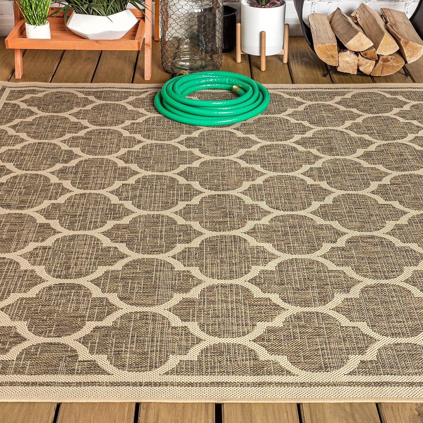Eyely BMS109A-5 Santa Monica Trebol Moroccan Trellis Textured Weave Indoor/Outdoor Area Rug Coastal;Bohemian, Bedroom, Backyard, Patio, Easy-Cleaning, Non-Shedding, 5 X 8, Brown/Beige
