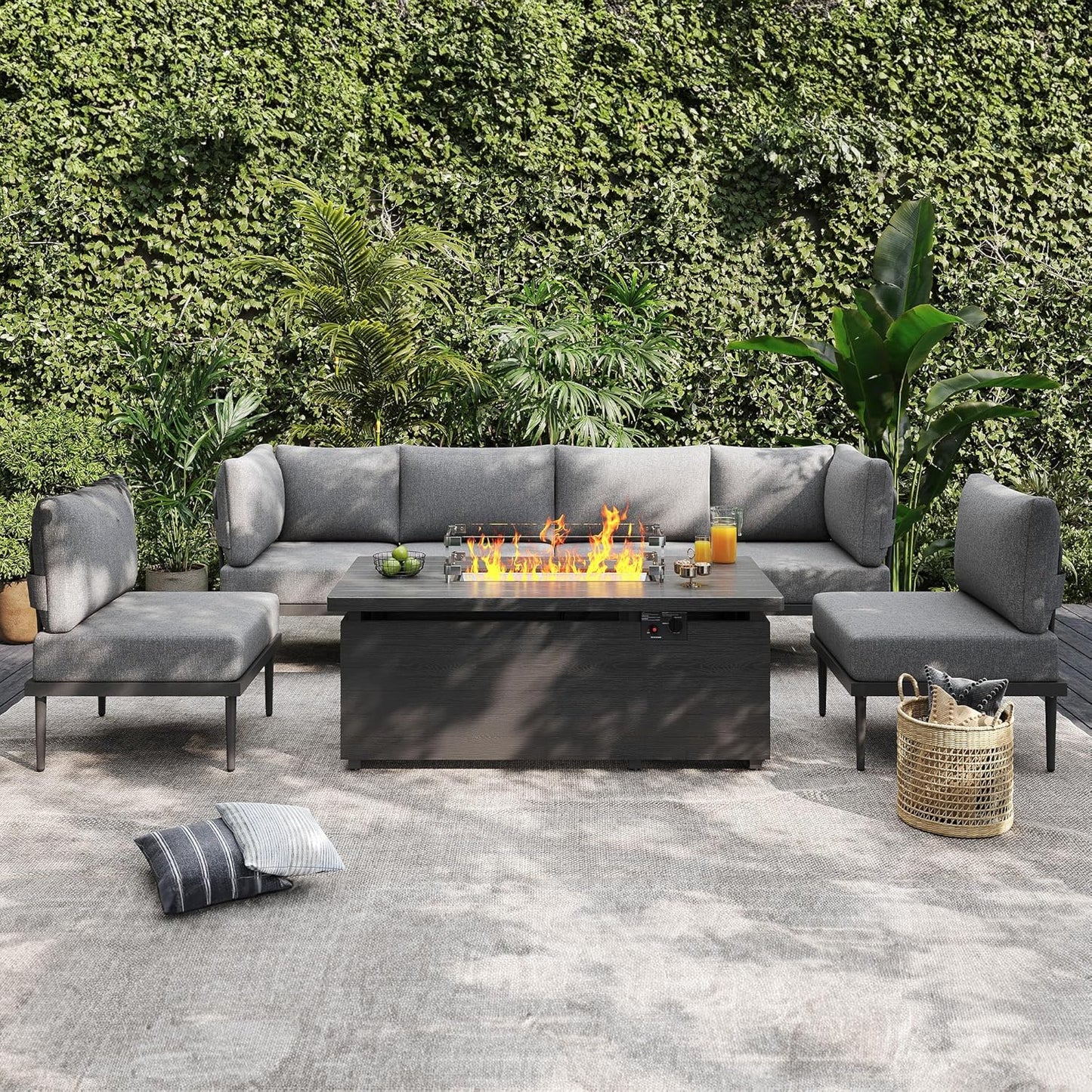 Sundale Outdoor 7 Pieces Metal Patio Furniture Set with Fire Pit Table, Outdoor Sectional Sofa w/6 Inch Olefin Cushion, Modern Outdoor Conversation Sets