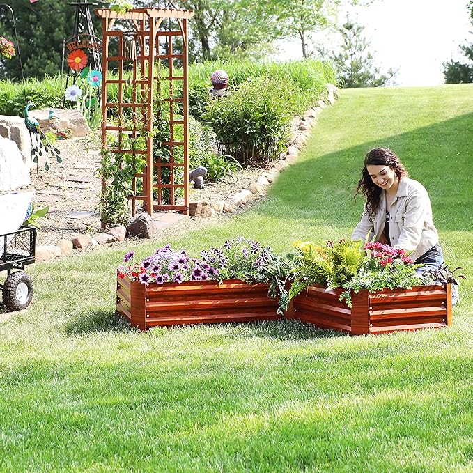 Sunnydaze 11.75" H Raised Metal Garden Bed - Galvanized Raised Garden Bed Outdoor for Vegetables and Flowers - Woodgrain - L-Shaped