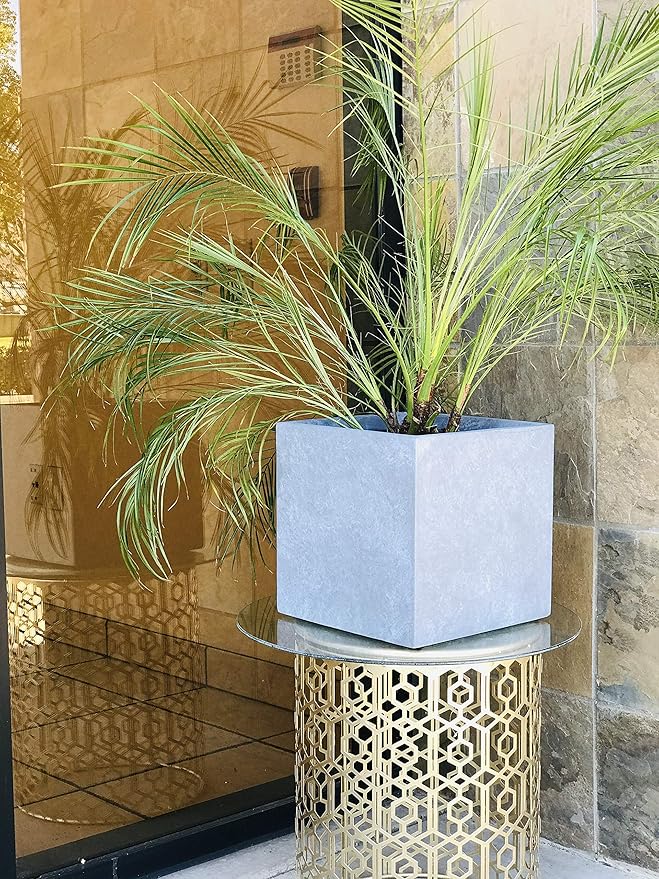 Kante 16 Inch Square Concrete Planter for Outdoor Indoor Home Patio Garden, Large Plant Pot with Drainage Hole and Rubber Plug, Slate Gray