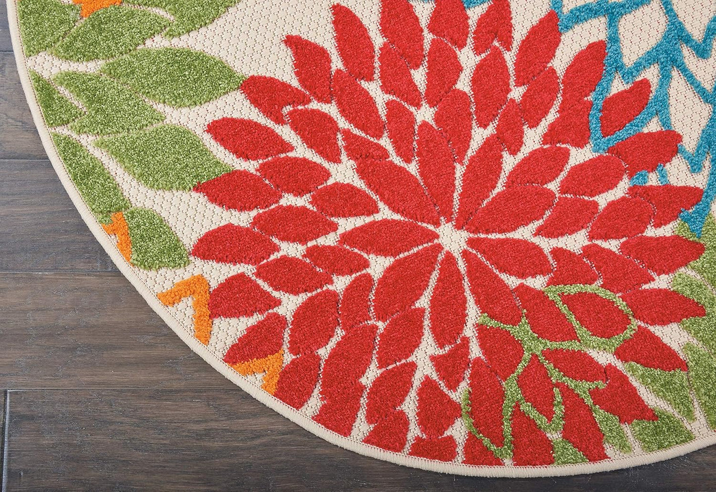 Nourison Aloha Indoor/Outdoor Green 4' x Round Area-Rug, Tropical, Botanical, Easy-Cleaning, Non Shedding, Bed Room, Living Room, Dining Room, Deck, Backyard, Patio (4 Round)