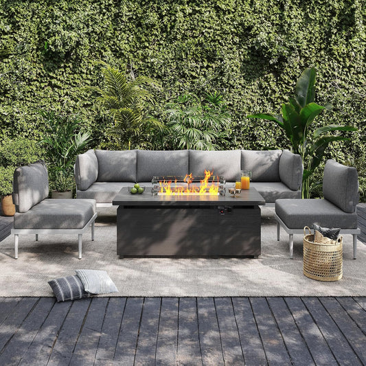 Sundale Outdoor 7 Pieces Metal Patio Furniture Set with Fire Pit Table, Outdoor Sectional Sofa w/6 Inch Olefin Cushion, Modern Outdoor Conversation Sets