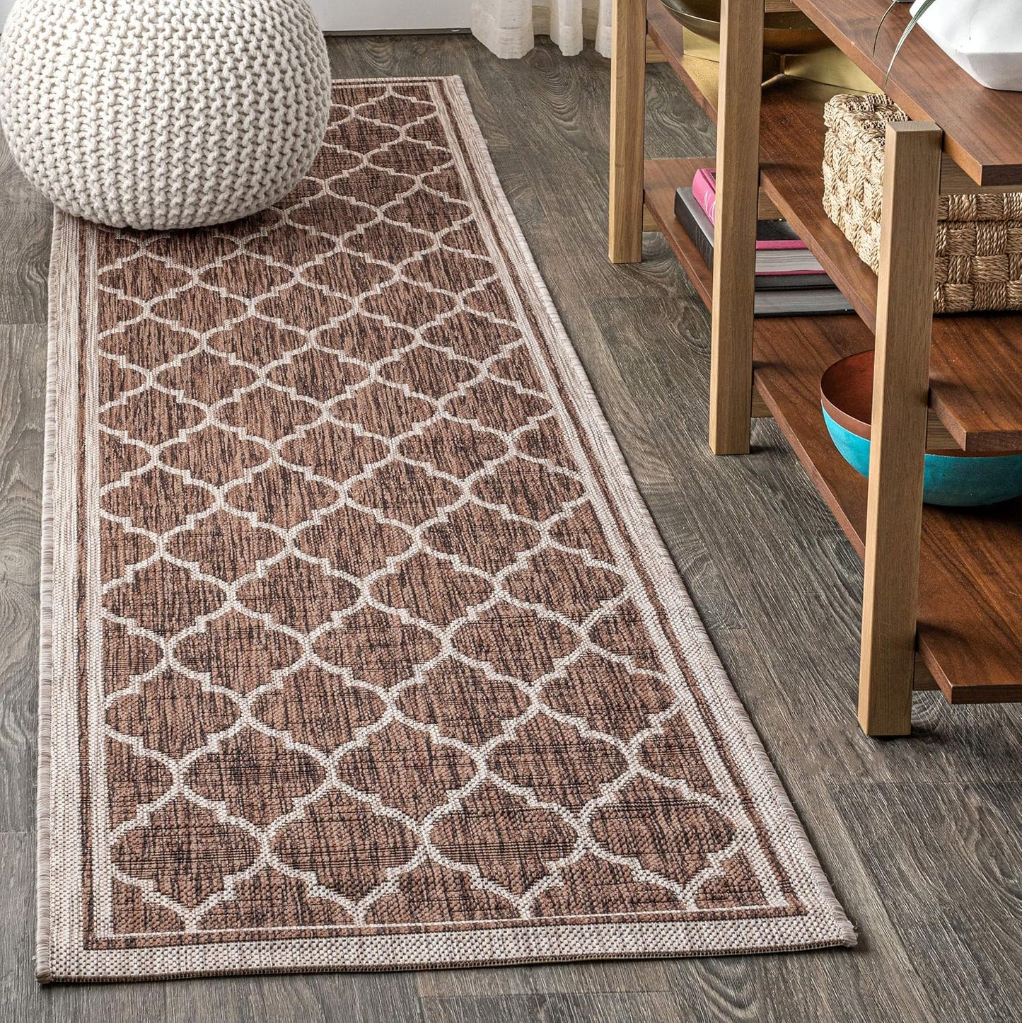 Eyely BMS109B-28 Santa Monica Trebol Moroccan Trellis Textured Weave Indoor/Outdoor Runner Rug Coastal;Bohemian, Bedroom, Backyard, Patio, Easy-Cleaning, Non-Shedding, 2 X 8, Espresso/Taupe