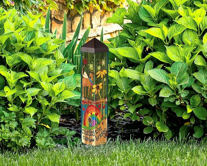 Studio M Art Pole, PVC Weather Resistant Pole with Vinyl Bowl 20 inches Tall Outdoor Decoration for Gardens, Patios, Yards, Landscaping and Birding Accessories, Crossing The Rainbow Bridge