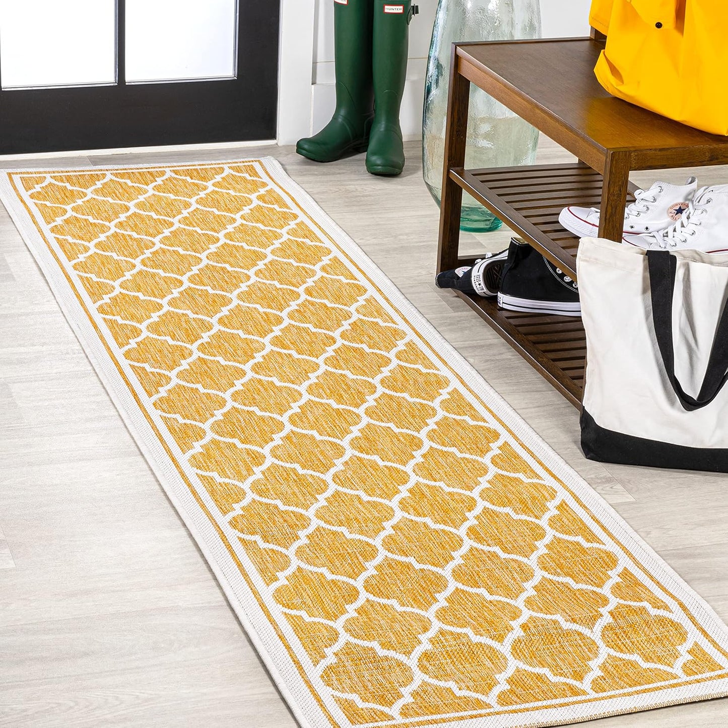 Eyely BMS109F-28 Santa Monica Trebol Moroccan Trellis Textured Weave Indoor/Outdoor Runner Rug Coastal;Bohemian, Bedroom, Backyard, Patio, Easy-Cleaning, Non-Shedding, 2 X 8, Yellow/Cream