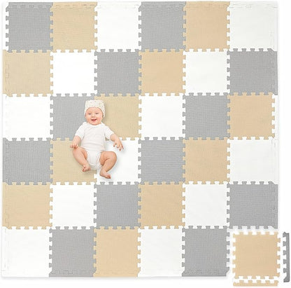 Play Platoon Non-Toxic Foam Puzzle Floor Mat, Comfortable, Extra Thick, Cushiony Exercise and Play Mat for Toddlers, Kids & Adults, 36 Tiles (12"x12"), Warm Grey/Cream/Sand