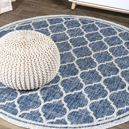 Eyely BMS109D-4R Santa Monica Trebol Moroccan Trellis Textured Weave, Pet Friendly, Non-Shedding, Stain Resistant, Easy-Cleaning, Navy/Gray, 4' Round, Indoor/Outdoor, Area Rug