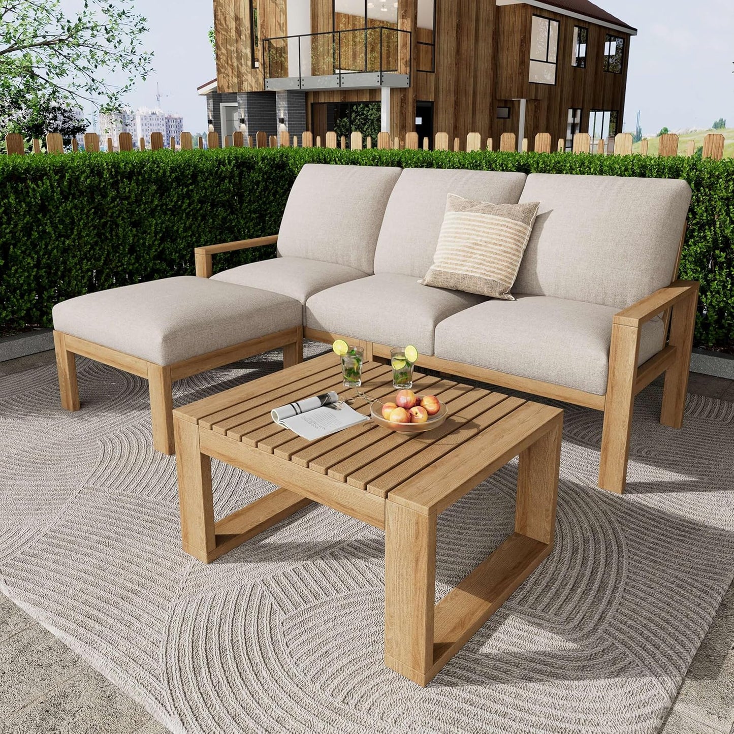 Acacia Wood Sectional Patio Furniture Set, Outdoor 3 Pieces Conversation Set with Acacia Wood Coffee Table for Backyard Porch Garden Balcony