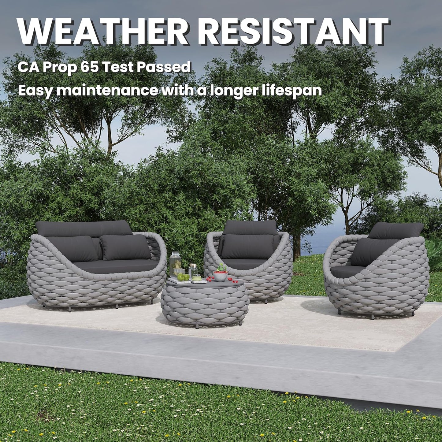 Aluminum Outdoor Patio Furniture Set: 6 Pieces Porch Rope Conversation Sofa Set - Modern Woven Deck Couch Set Cushioned - No Assembly All Weather Seating for 660lbs Yard Garden Lanai Hotel Pool