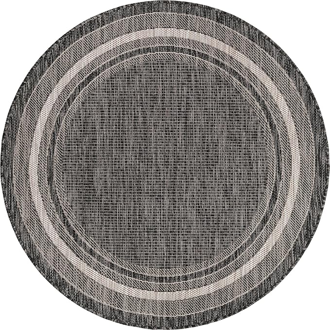 Unique Loom Outdoor Border Collection Area Rug - Soft Border (4' 1" Round, Black/ Ivory)